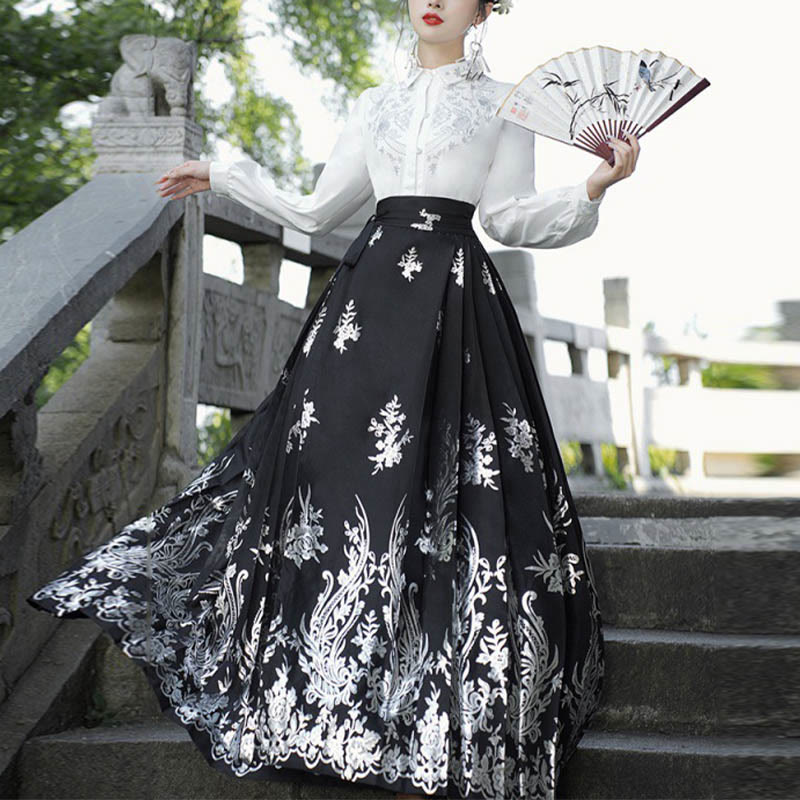 Nimara Ritual Flowers Leaves Feathers Long Sleeve Shirt Top Chinese Hanfu Ming Dynasty Horse Face Skirt Mamianqun Skirt