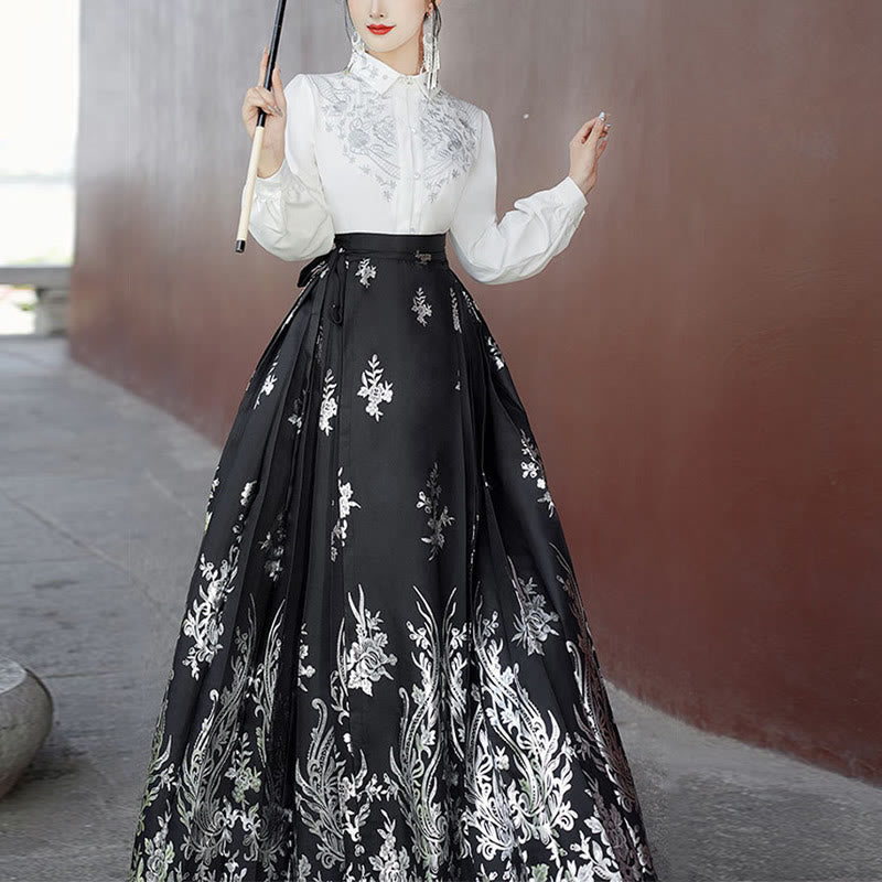 Nimara Ritual Flowers Leaves Feathers Long Sleeve Shirt Top Chinese Hanfu Ming Dynasty Horse Face Skirt Mamianqun Skirt