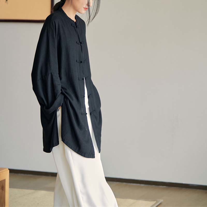 Nimara Ritual Plain Frog-Button Design Shirt Zen Tai Chi Meditation Top Clothing Cotton Linen Jacket