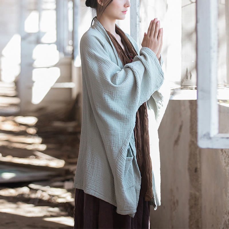 Nimara Ritual Plain Design Long Sleeve Coat Zen Meditation Open Front Top Cotton Jacket