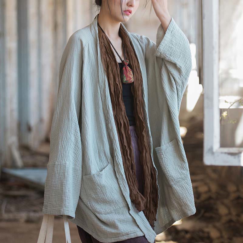 Nimara Ritual Plain Design Long Sleeve Coat Zen Meditation Open Front Top Cotton Jacket