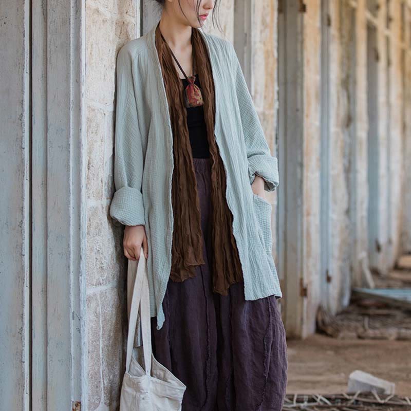 Nimara Ritual Plain Design Long Sleeve Coat Zen Meditation Open Front Top Cotton Jacket