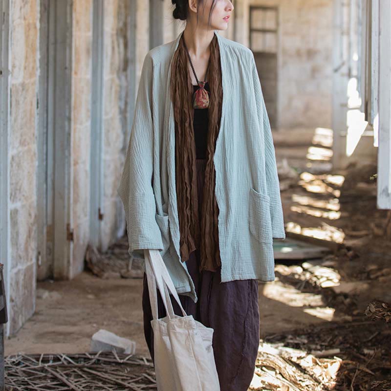Nimara Ritual Plain Design Long Sleeve Coat Zen Meditation Open Front Top Cotton Jacket