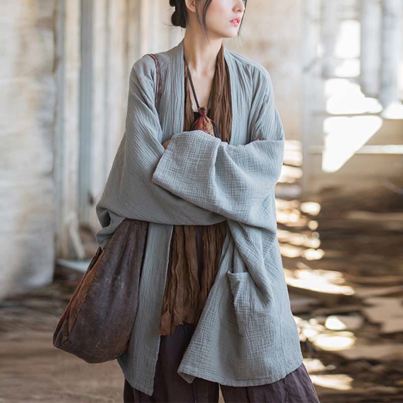 Nimara Ritual Plain Design Long Sleeve Coat Zen Meditation Open Front Top Cotton Jacket