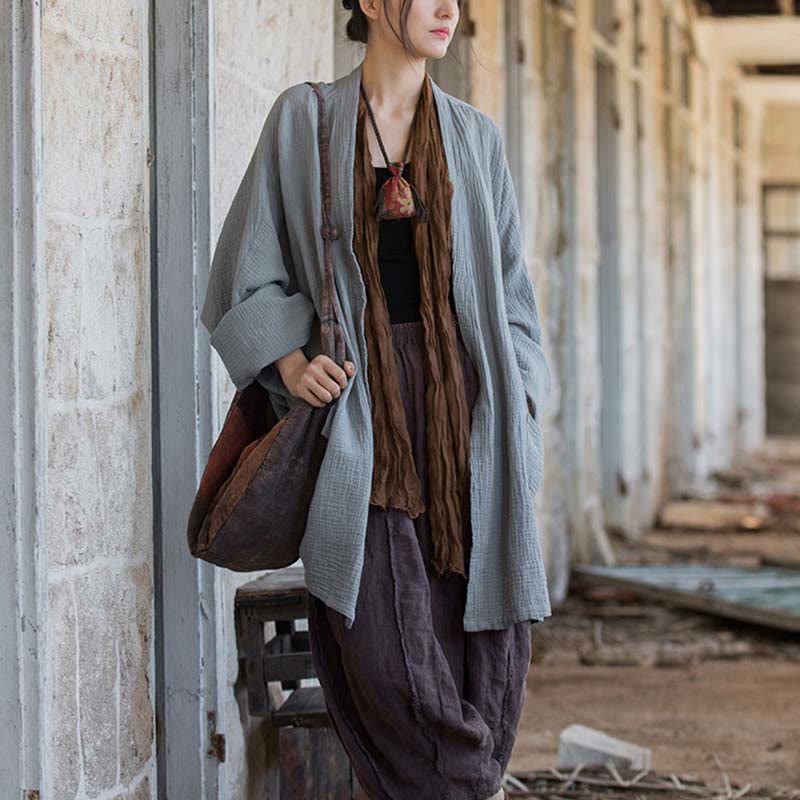 Nimara Ritual Plain Design Long Sleeve Coat Zen Meditation Open Front Top Cotton Jacket
