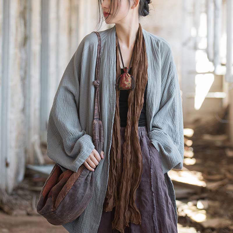 Nimara Ritual Plain Design Long Sleeve Coat Zen Meditation Open Front Top Cotton Jacket