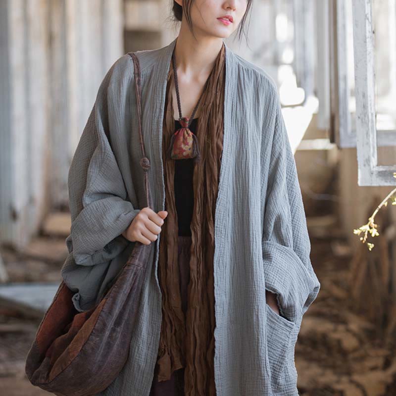 Nimara Ritual Plain Design Long Sleeve Coat Zen Meditation Open Front Top Cotton Jacket