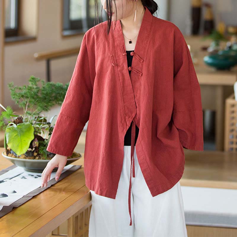 Nimara Ritual Frog-Button Hanfu Design Long Sleeve Coat Zen Meditation Open Front Top Jacket