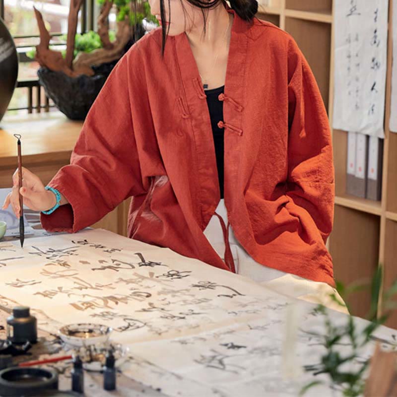 Nimara Ritual Frog-Button Hanfu Design Long Sleeve Coat Zen Meditation Open Front Top Jacket