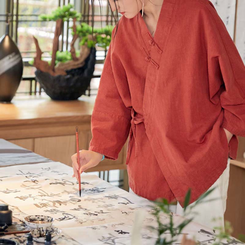 Nimara Ritual Frog-Button Hanfu Design Long Sleeve Coat Zen Meditation Open Front Top Jacket