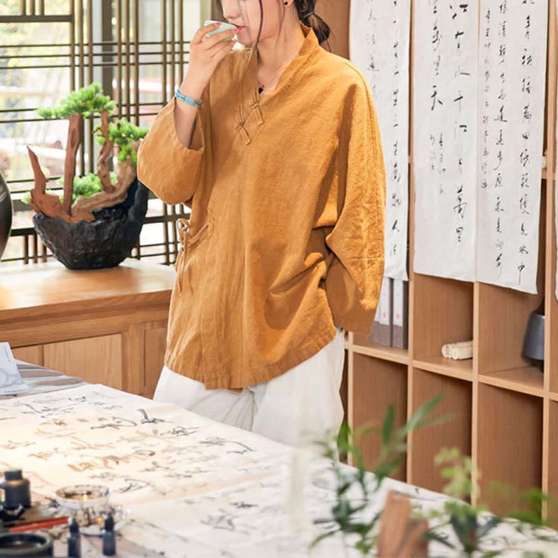 Nimara Ritual Frog-Button Hanfu Design Long Sleeve Coat Zen Meditation Open Front Top Jacket