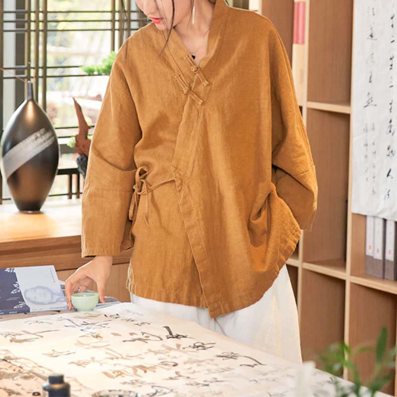 Nimara Ritual Frog-Button Hanfu Design Long Sleeve Coat Zen Meditation Open Front Top Jacket