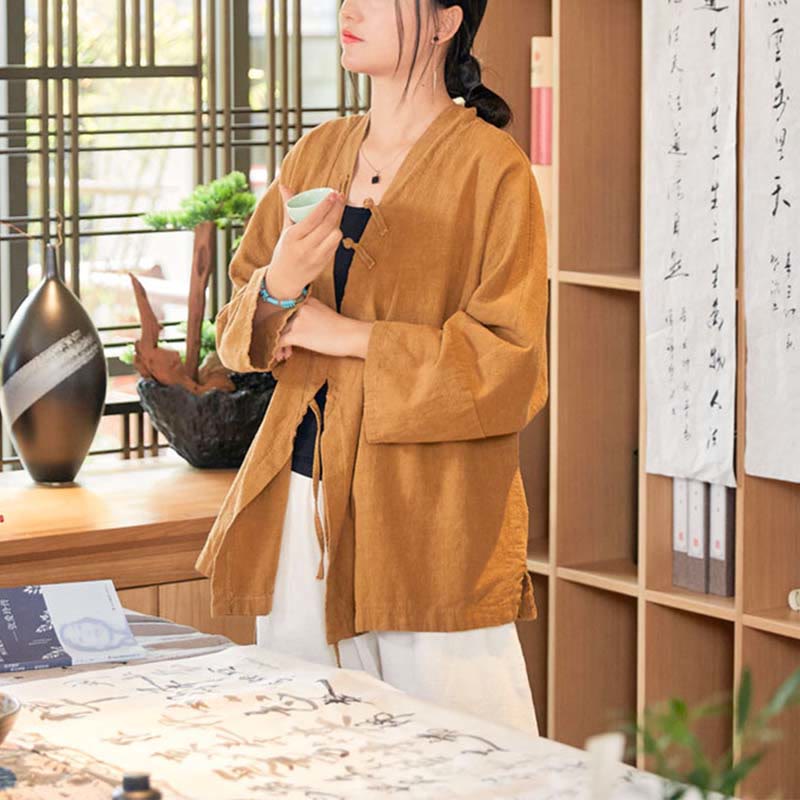 Nimara Ritual Frog-Button Hanfu Design Long Sleeve Coat Zen Meditation Open Front Top Jacket