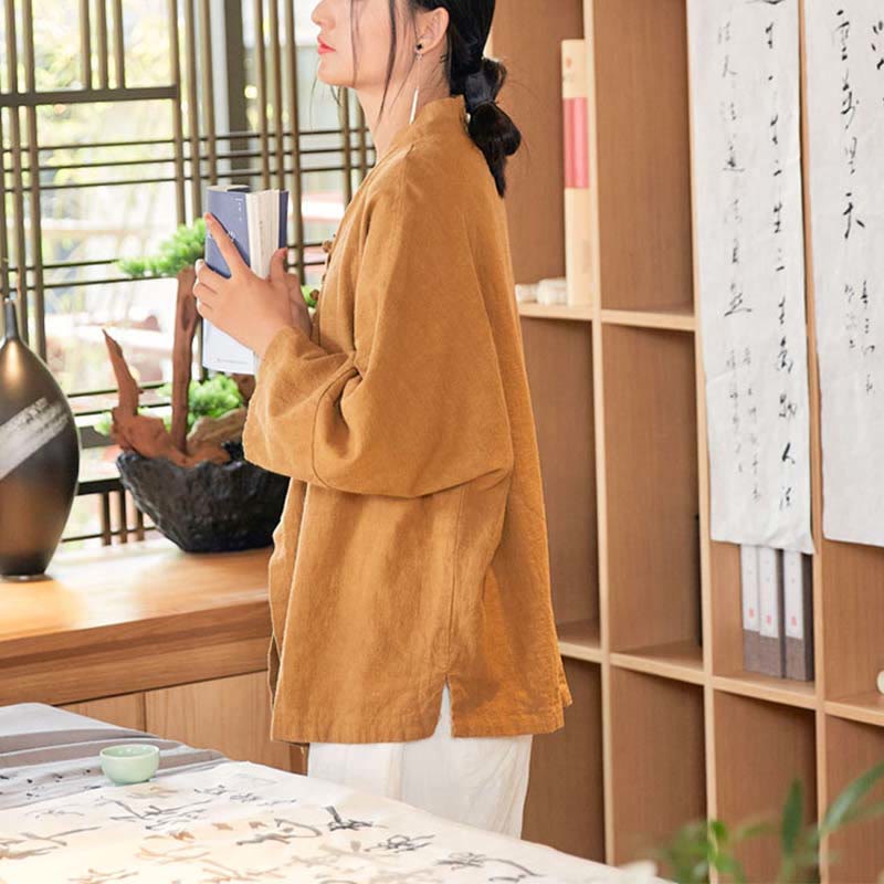Nimara Ritual Frog-Button Hanfu Design Long Sleeve Coat Zen Meditation Open Front Top Jacket