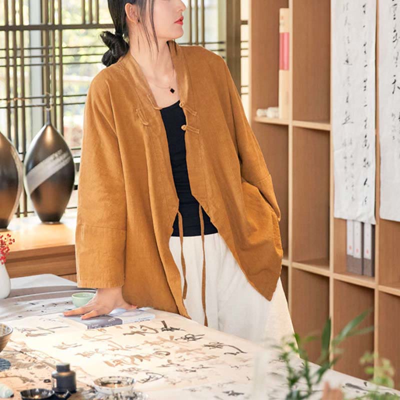 Nimara Ritual Frog-Button Hanfu Design Long Sleeve Coat Zen Meditation Open Front Top Jacket