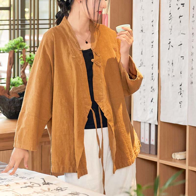Nimara Ritual Frog-Button Hanfu Design Long Sleeve Coat Zen Meditation Open Front Top Jacket