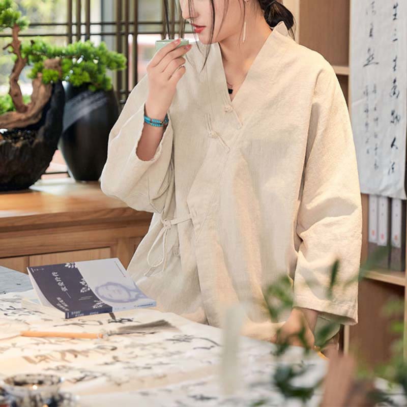 Nimara Ritual Frog-Button Hanfu Design Long Sleeve Coat Zen Meditation Open Front Top Jacket