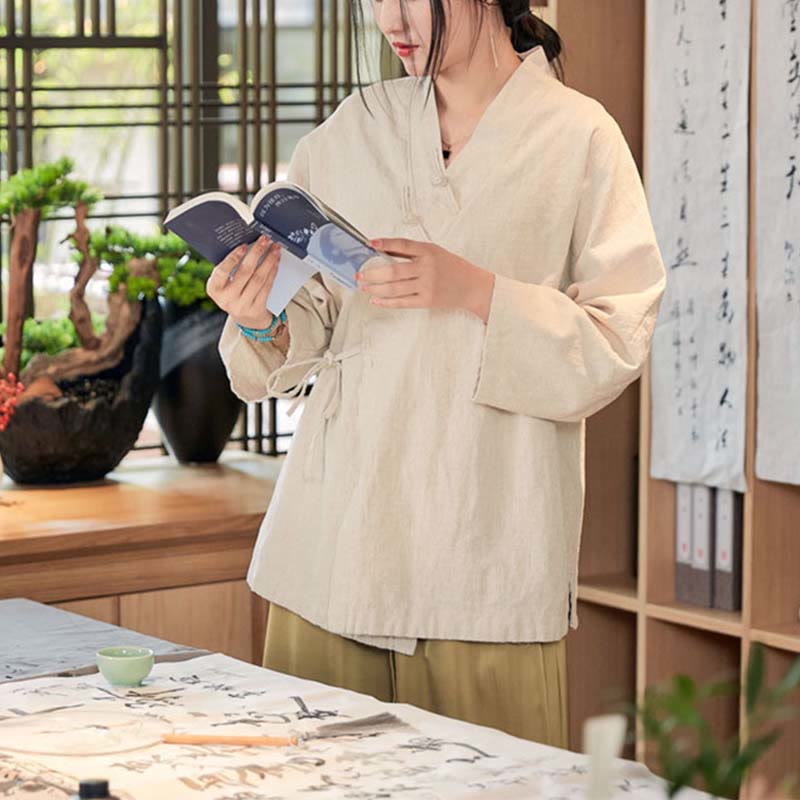 Nimara Ritual Frog-Button Hanfu Design Long Sleeve Coat Zen Meditation Open Front Top Jacket