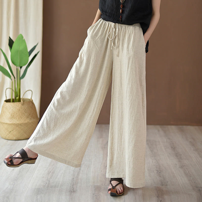 Nimara Ritual Loose Cotton Linen Drawstring Wide Leg Pants With Pockets