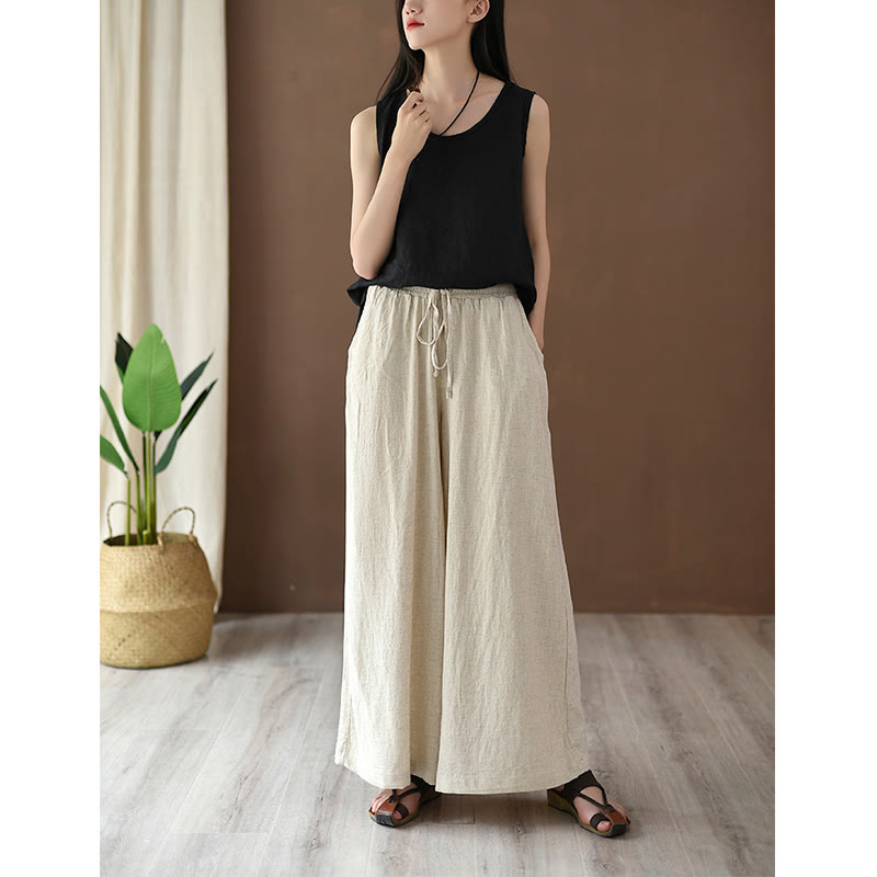 Nimara Ritual Loose Cotton Linen Drawstring Wide Leg Pants With Pockets