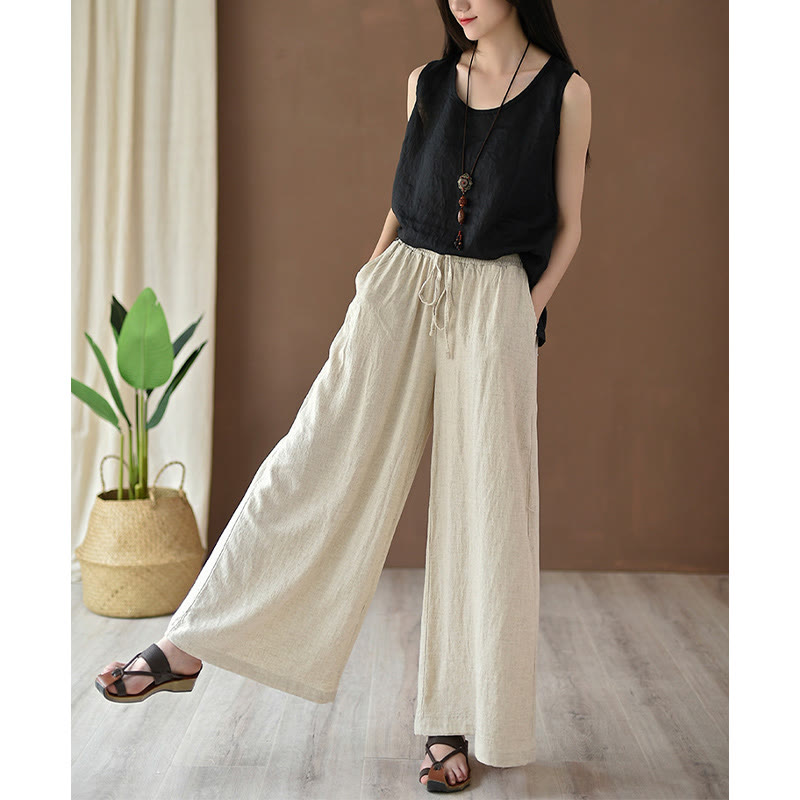 Nimara Ritual Loose Cotton Linen Drawstring Wide Leg Pants With Pockets