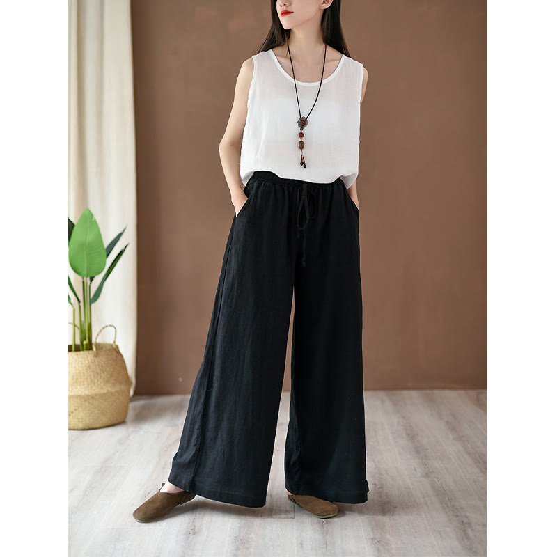 Nimara Ritual Loose Cotton Linen Drawstring Wide Leg Pants With Pockets