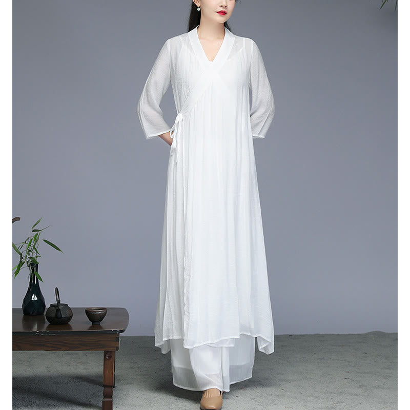 Nimara Ritual Hanfu Style Midi Dress Wide Leg Pants Meditation Zen Practice Yoga Dance Clothing