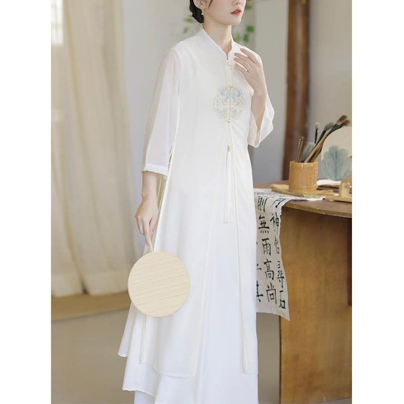 Nimara Ritual Embroidery Chiffon Cheongsam Midi Dress Wide Leg Pants Meditation Zen Practice Clothing
