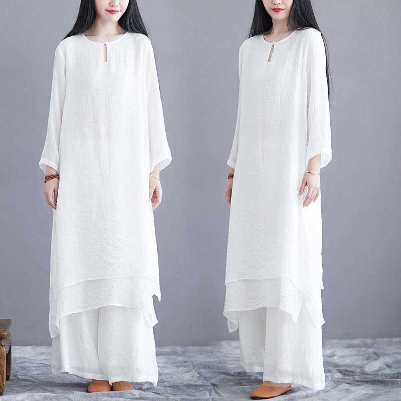 Nimara Ritual 2Pcs Solid Color Midi Dress Wide Leg Pants Meditation Spiritual Zen Practice Yoga Dance Clothing