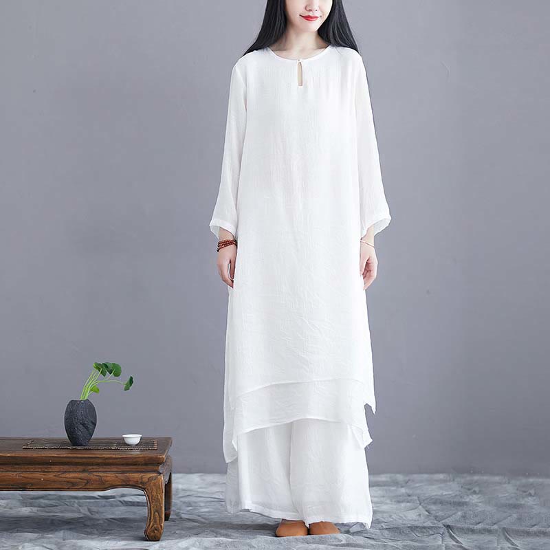 Nimara Ritual 2Pcs Solid Color Midi Dress Wide Leg Pants Meditation Spiritual Zen Practice Yoga Dance Clothing