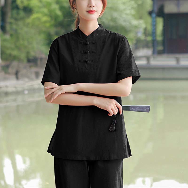 Nimara Ritual 2Pcs Women's Short Sleeve Shirt Top T-Shirt Pants Meditation Zen Tai Chi Cotton Linen Clothing Set