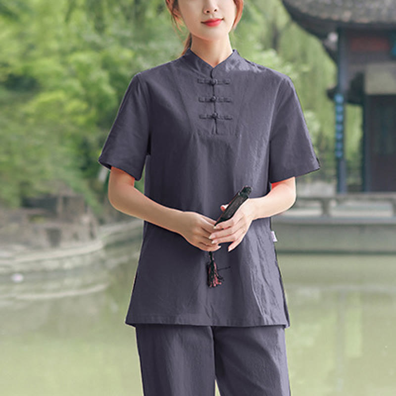 Nimara Ritual 2Pcs Women's Short Sleeve Shirt Top T-Shirt Pants Meditation Zen Tai Chi Cotton Linen Clothing Set