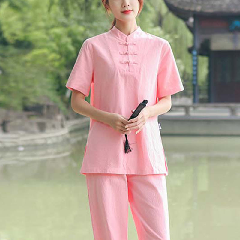 Nimara Ritual 2Pcs Women's Short Sleeve Shirt Top T-Shirt Pants Meditation Zen Tai Chi Cotton Linen Clothing Set
