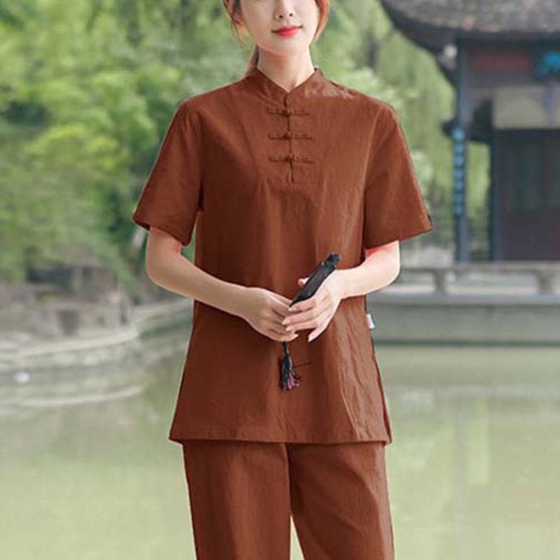 Nimara Ritual 2Pcs Women's Short Sleeve Shirt Top T-Shirt Pants Meditation Zen Tai Chi Cotton Linen Clothing Set