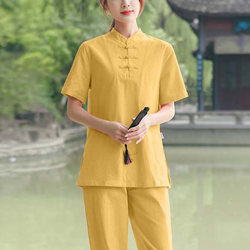 Nimara Ritual 2Pcs Women's Short Sleeve Shirt Top T-Shirt Pants Meditation Zen Tai Chi Cotton Linen Clothing Set