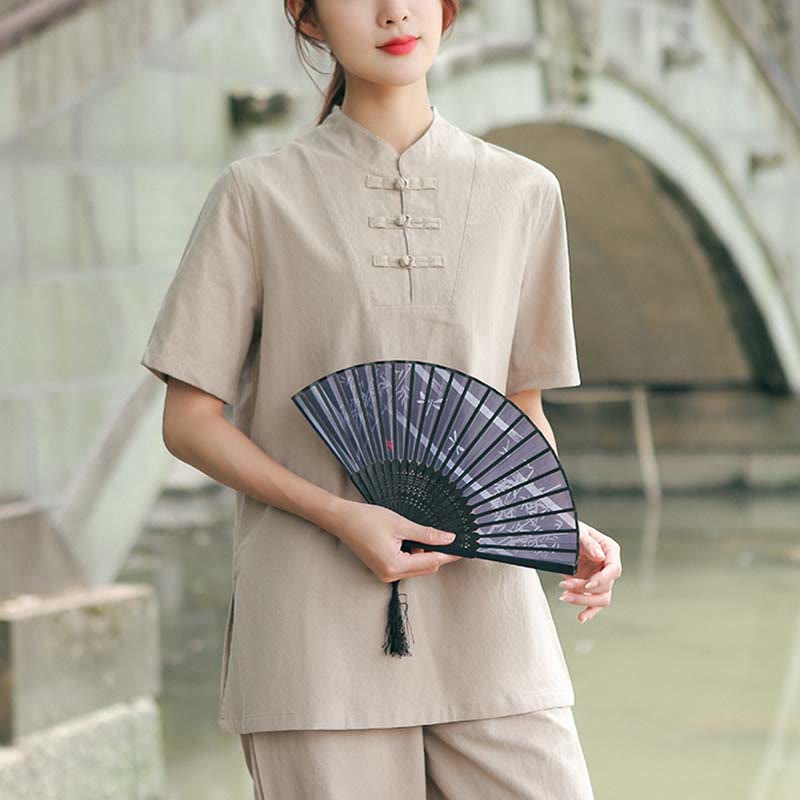 Nimara Ritual 2Pcs Women's Short Sleeve Shirt Top T-Shirt Pants Meditation Zen Tai Chi Cotton Linen Clothing Set