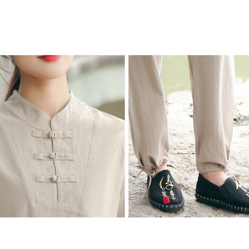 Nimara Ritual 2Pcs Women's Short Sleeve Shirt Top T-Shirt Pants Meditation Zen Tai Chi Cotton Linen Clothing Set