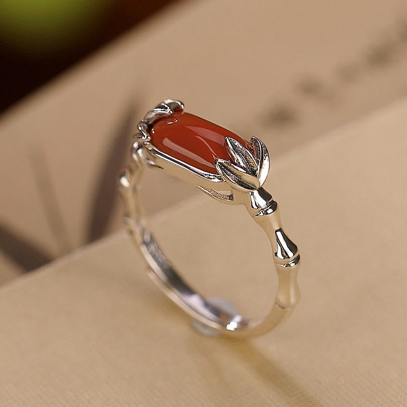 Nimara Ritual 925 Sterling Silver Red Agate Bamboo Pattern Calm Bracelet Ring Jewelry Set