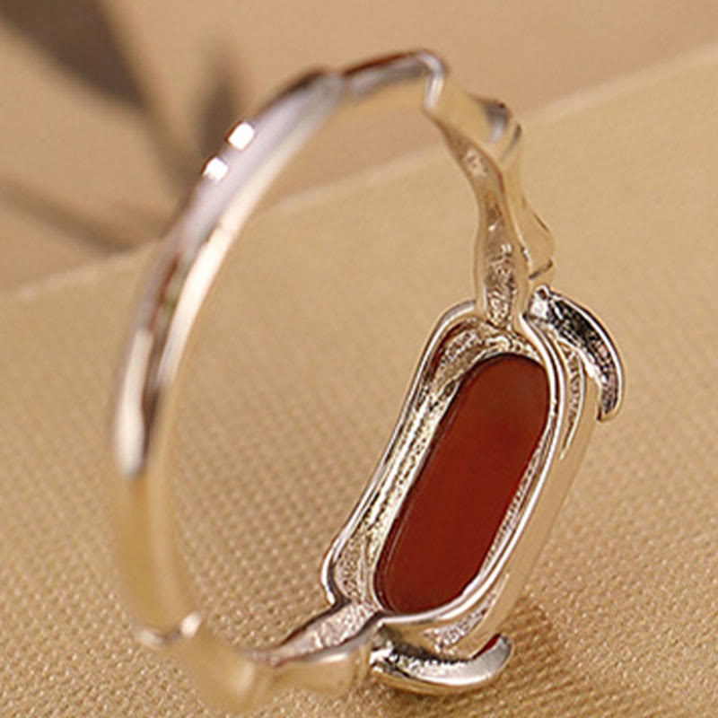 Nimara Ritual 925 Sterling Silver Red Agate Bamboo Pattern Calm Bracelet Ring Jewelry Set