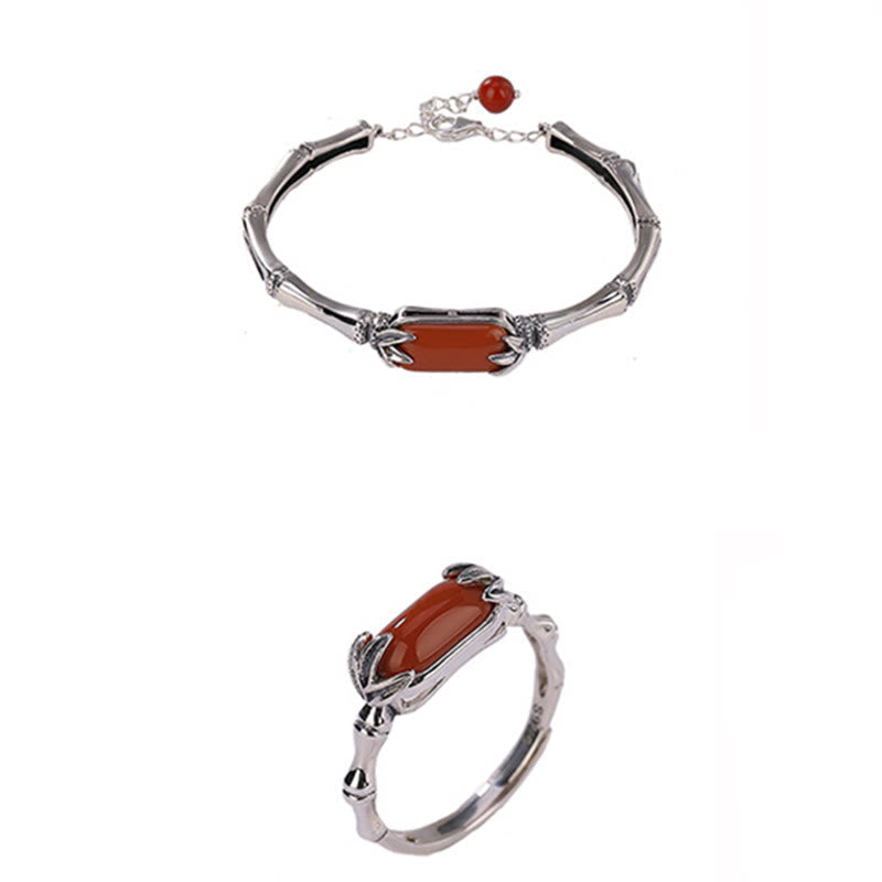 Nimara Ritual 925 Sterling Silver Red Agate Bamboo Pattern Calm Bracelet Ring Jewelry Set