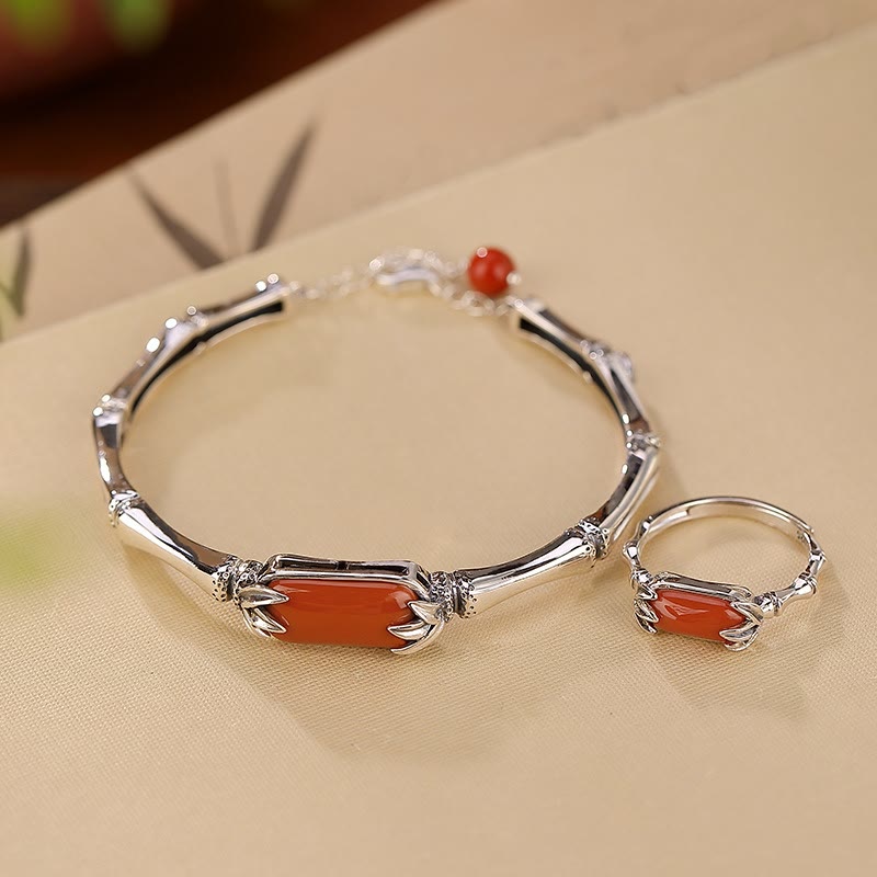 Nimara Ritual 925 Sterling Silver Red Agate Bamboo Pattern Calm Bracelet Ring Jewelry Set