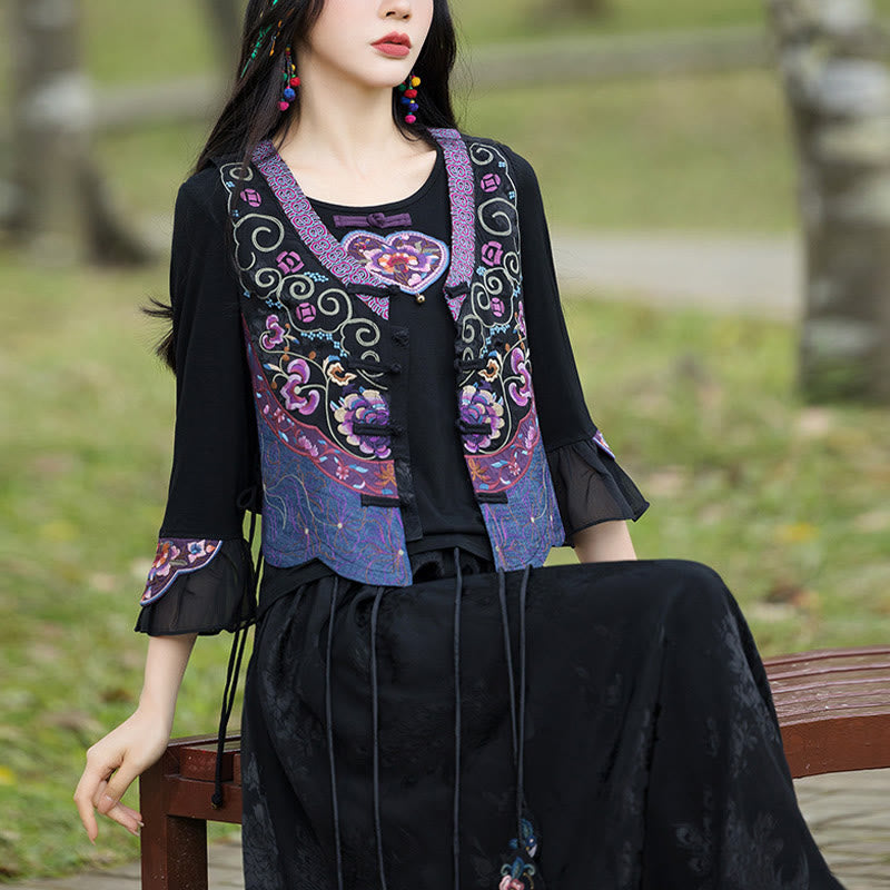 Nimara Ritual Vintage Frog-Button Embroidery Purple Flower Tang Suit Design Sleeveless Vest