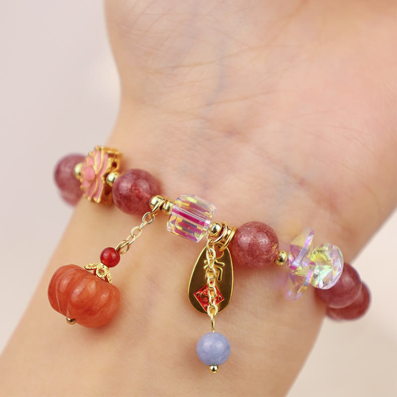 Nimara Ritual Natural Strawberry Quartz Fu Character Pumpkin Charm Positive Bracelet