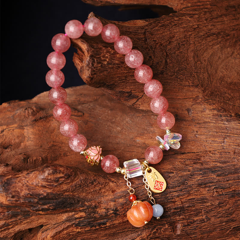 Nimara Ritual Natural Strawberry Quartz Fu Character Pumpkin Charm Positive Bracelet
