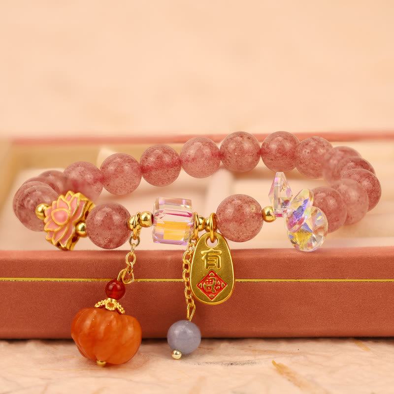 Nimara Ritual Natural Strawberry Quartz Fu Character Pumpkin Charm Positive Bracelet