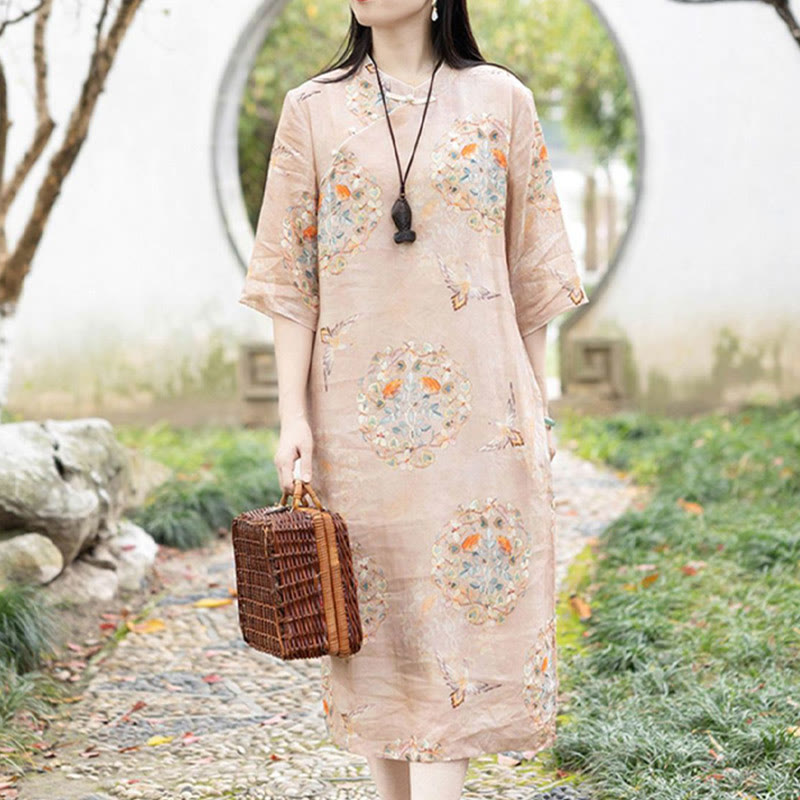 Nimara Ritual Orange Flower Bird Print Cheongsam Midi Dress Cotton Linen Half Sleeve Dress With Pockets