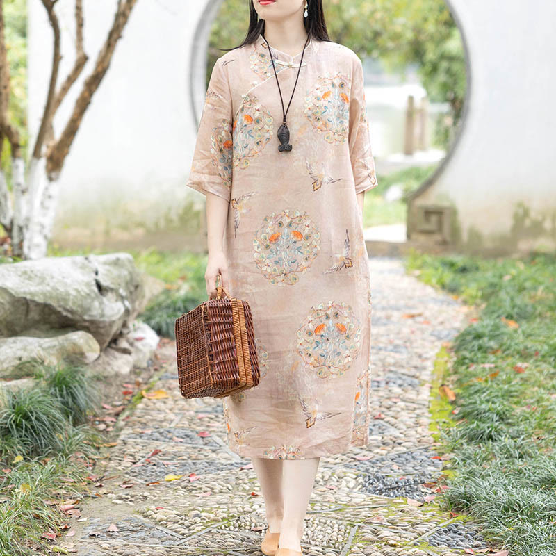 Nimara Ritual Orange Flower Bird Print Cheongsam Midi Dress Cotton Linen Half Sleeve Dress With Pockets