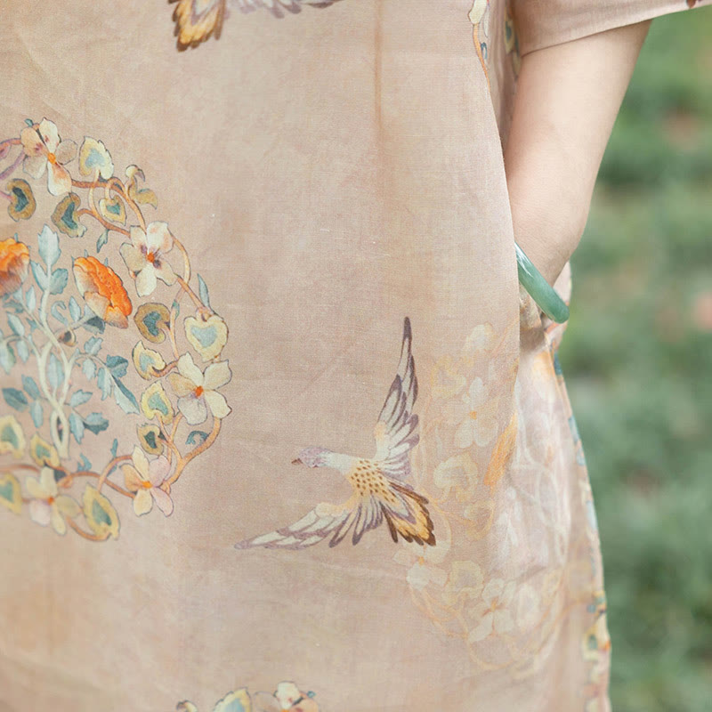 Nimara Ritual Orange Flower Bird Print Cheongsam Midi Dress Cotton Linen Half Sleeve Dress With Pockets