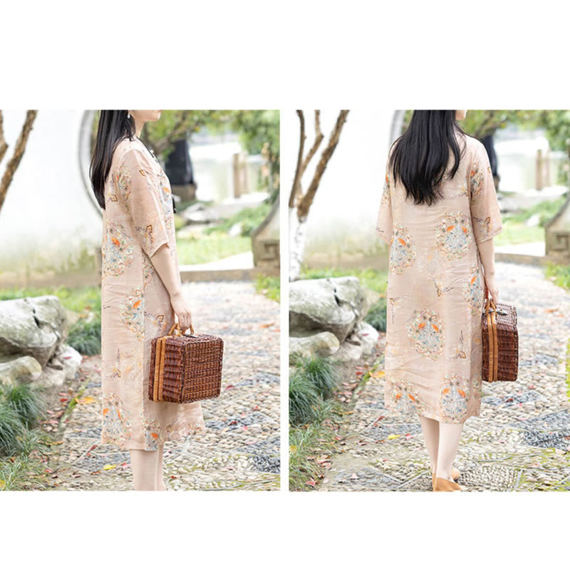 Nimara Ritual Orange Flower Bird Print Cheongsam Midi Dress Cotton Linen Half Sleeve Dress With Pockets