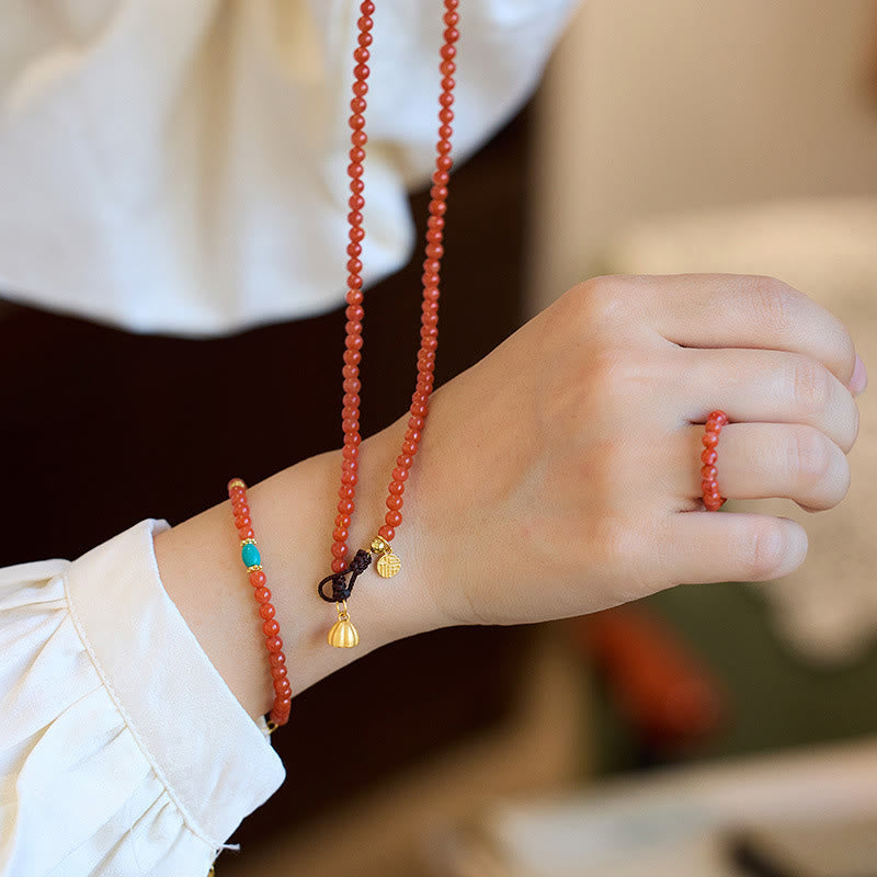 Nimara Ritual 925 Sterling Silver Plated Gold Natural Red Agate Turquoise Confidence Bracelet Necklace Pendant Ring Set